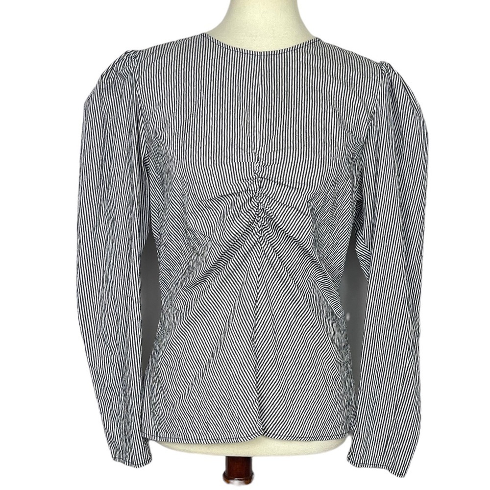 Zara Shirt Womens Large Black White Striped Blouse Ruched Gathered Chest Stretch